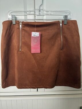 Sueded Mini Skirt with Dual Front Zippers - Brown